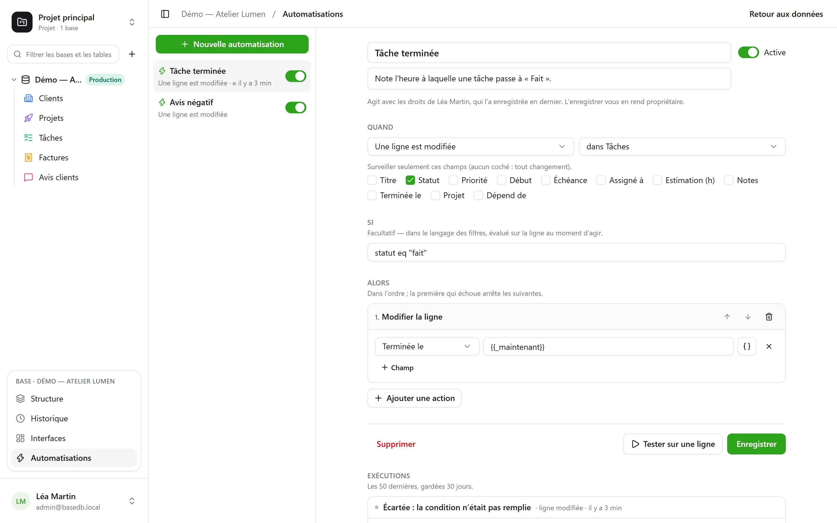 basedb — automations: When a row changes, on a schedule or on a button click: update, create, notify, call a webhook, post to Slack.
