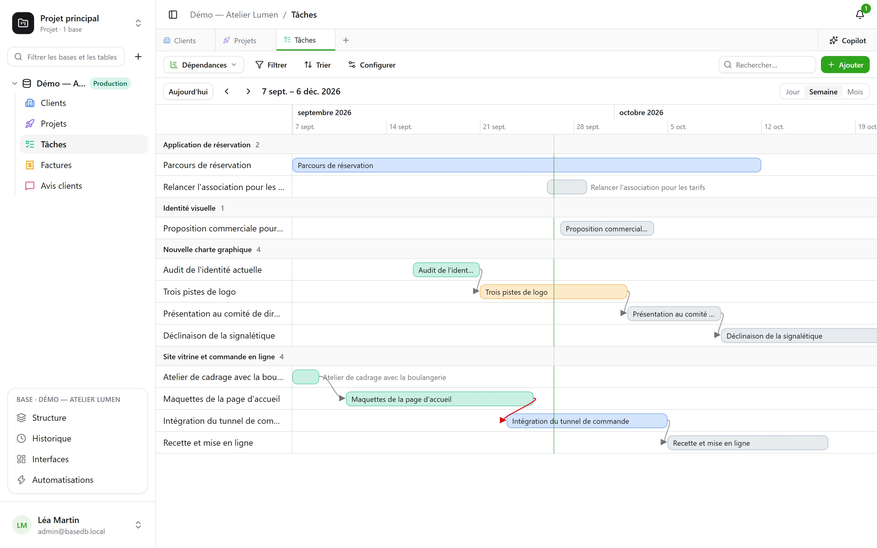 basedb — timeline: Bars between two dates and arrows for their dependencies — one of eight views on the same rows.