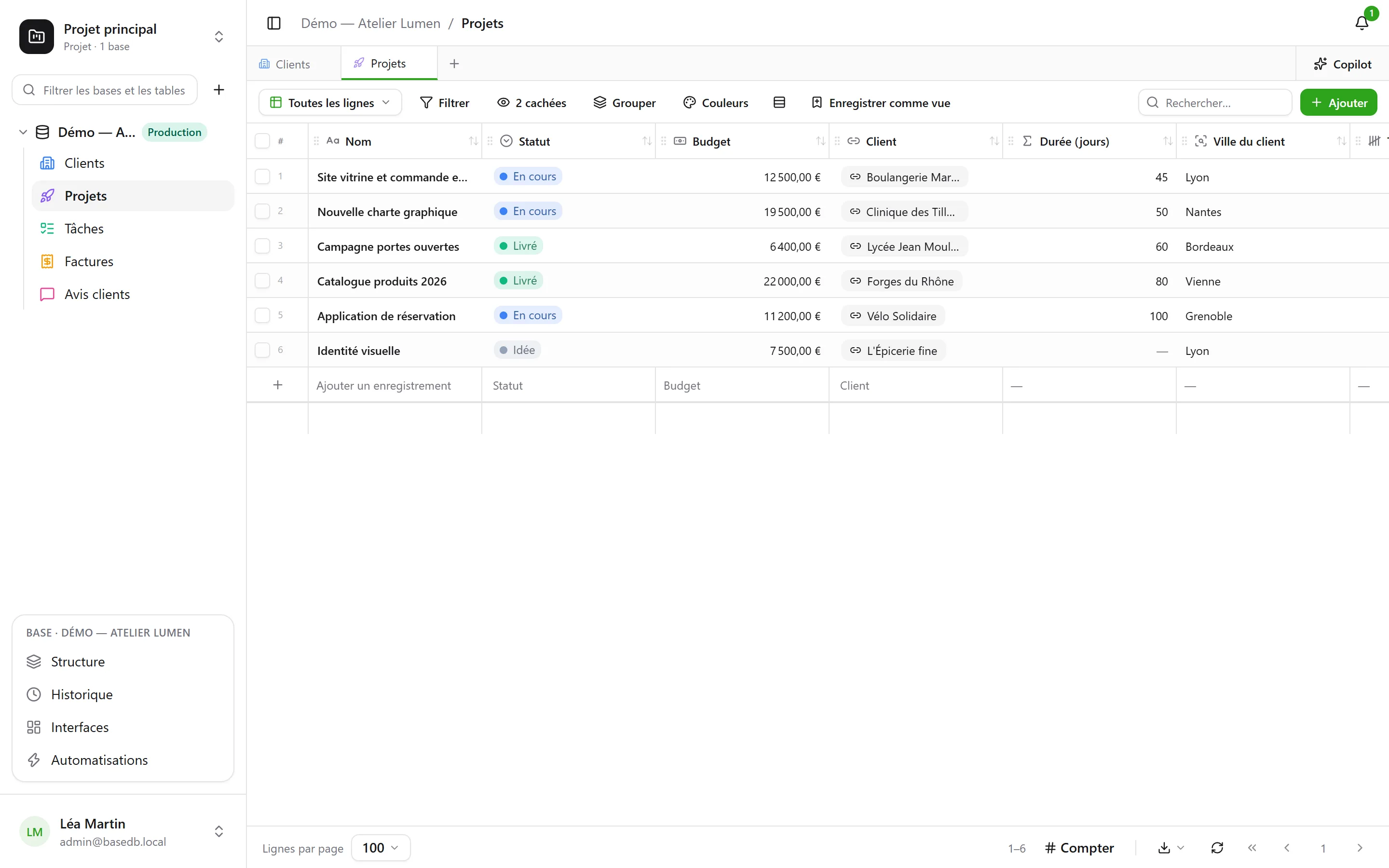 basedb — a grid of projects with a relation, a formula, a lookup and a count, next to the list of bases and tables.